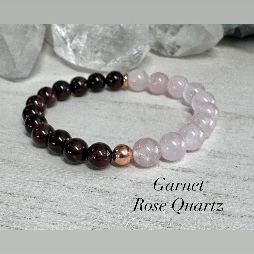 2/$40 Garnet and Rose Quartz Beaded Gemstone Stretch Bracelet w Rose Gold Accent